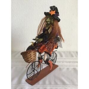 Vintage Scary Halloween Green Witch On Bike Figurine - Fall / Autumn Decor